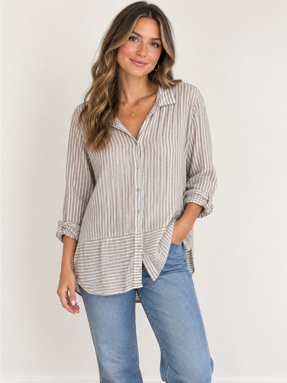 Tahari Linen White Beige Striped Tunic Roll Tab Sleeve Buttondown Top
